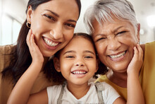 Happy Mom With Child, Grandmother Smile For Portrait And Young Girls Family In Mexico Home Together. Senior Woman Generation With Elderly Face, International Womens Day And Mothers Day Love