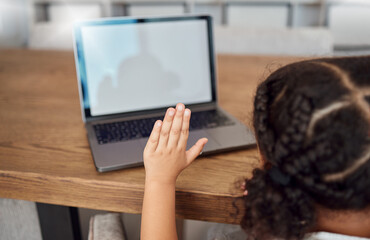 Poster - Hand, laptop and education with a student girl asking a question during an online class for learning and development. Kids, student and study with a female child gesturing a wave while e-learning