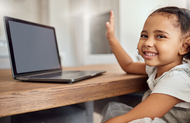 Poster - Education, online learning and girl with question on laptop, webinar or online class. Distance learning, mock up and happy student, kid or child with answer at desk studying alone in house mockup.