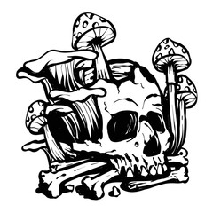 tattoo design skull mushroom black and white illustration