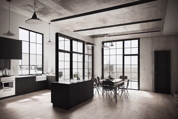 Sticker - Kitchen interior in loft, industrial style, 3d render