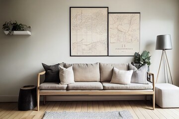 Design scandinavian home interior of living room with mock up poster map, stylish wooden bench, plaid, book, rattan decor and elegant accessories. Beige wall. Modern home staging. Template. Japandi.