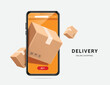 © John k studio - parcel boxes display on smartphone screen and floating around on the air,vector 3d isolated on white background for transport,logistics,delivery and online shopping concept design