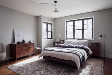 Canvas Print - ELMHURST, IL, USA JANUARY 12, 2021 A cozy bedroom with dark hardwood floors, grey and white bedding, lamps on nightstands, and furniture.