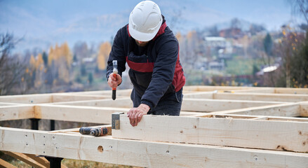 Man worker building wooden frame house on pile foundation. Carpenter installing furniture for wooden board, using hammer and screwdriver. Carpentry concept.