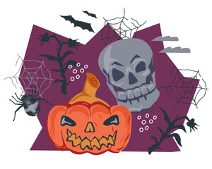 Halloween holiday and festivals banner or emblem design with pumpkin lantern monster and skull, flat vector isolated illustration on white background. Halloween layout for party invitation and card.