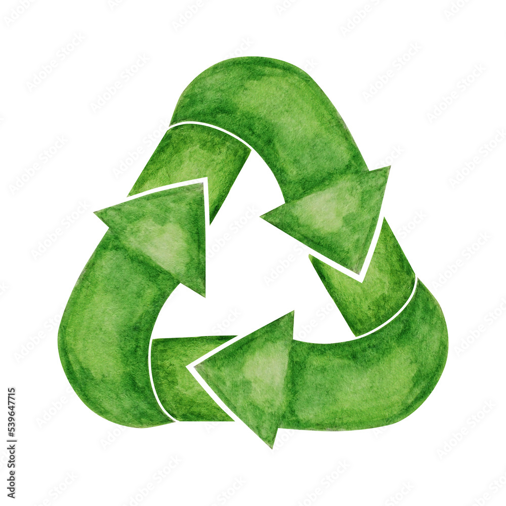 Green Recycled arrows icon. Watercolor hand drawn illustration isolated ...