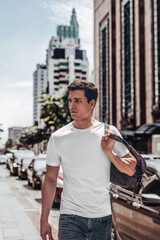 Men white t-shirt mockup with model street background