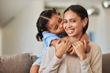 Sticker - Black woman, smile and girl kiss cheek on sofa with love, bonding and happiness in home living room. Happy, mom and daughter care, together and portrait on mothers day in house for hug on couch