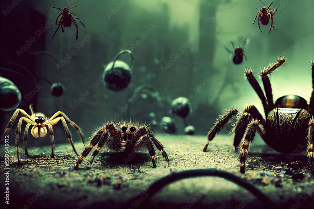 Giant spiders invasion on the city streets at night. Big spider webs in ...
