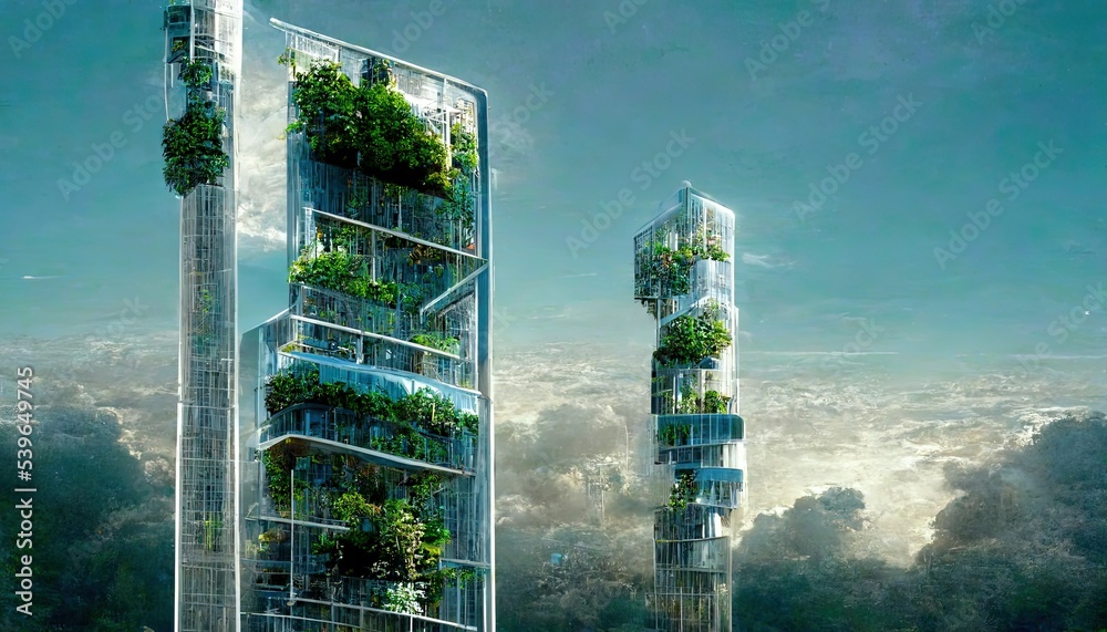 Vertical Garden on futuristic tall buildings, city of tomorow ...