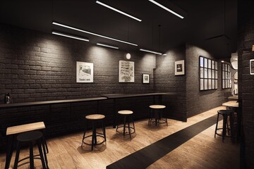 Canvas Print - creative black brick pub or bar interior with copy space on wall. mock up, 3d rendering