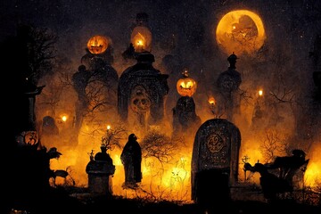 Halloween scene with mystical atmosphere, dark scary mood, with pumpkins, dark clouds and sky, big moon,  illustration for use in movies, games and books.