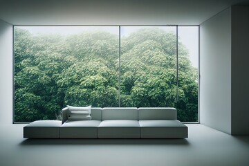 Canvas Print - White room with sofa and green landscape in window. Scandinavian interior design. 3D illustration