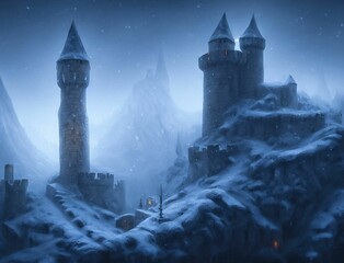 Ai generated digital art of a castle on a snowy winter day illuminated by the moonlight