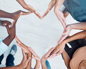 Poster - Teamwork hands, heart and diversity partnership, business people support or community care, motivation and trust. Above group team building for charity, kindness and global solidarity, love and hope