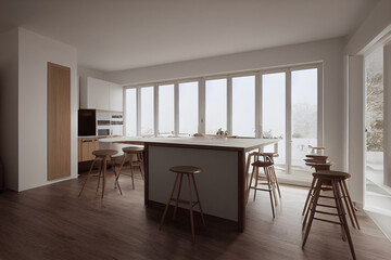 Mockup copy space in white and wooden kitchen room with table and two bar chairs, parquet floor. Kitchen open space room, wooden furniture, 3D rendering no people