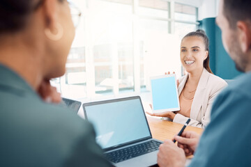 Sticker - Tablet, laptop green screen with people in business meeting for website design marketing presentation, ux ui review or advertising. Corporate manager team with application technology branding mock up