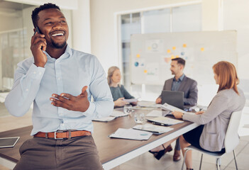 Aufkleber - Phone call, smile and businessman in a corporate meeting for planning, strategy and collaboration at work. Happy, thinking and African worker talking on a mobile while working with employees