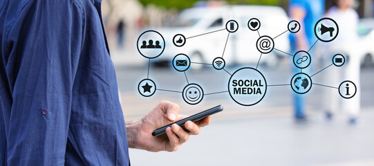 Wall Mural - man using smartphone. social media. network. technology. communication