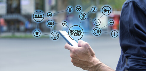 Wall Mural - man using smartphone. social media. network. technology. communication