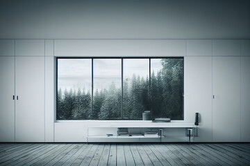 Poster - White room with shelf and green landscape in window. Scandinavian interior design. 3D illustration