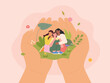 © MINIWIDE - Three friends are sitting on big hands. Two women hugging and comforting a woman. flat vector illustration.