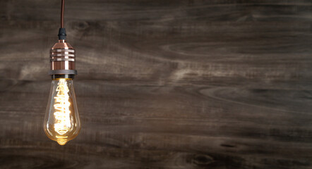 Wall Mural - Vintage modern light bulb over wooden background.