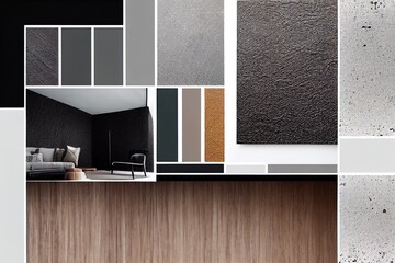 Textures mood board. Material samples interior design. Moodboard for architects styling and selection. Top view moodboard