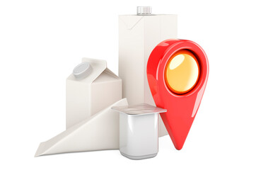 Poster - Packaging for dairy, juice products with map pointer, 3D rendering
