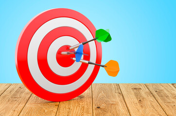 Poster - target with arrows on the wooden table, 3d rendering