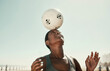 © Allistair F/peopleimages.com - Head balance, sports and soccer ball with woman athlete in the sun and nature. Fitness, balancing concentration and football exercise of a black person busy with workout, training and healthy cardio