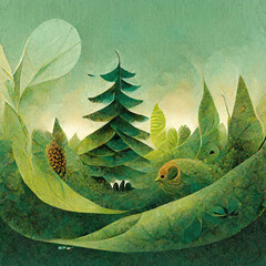 Wall Mural - Beautiful forest illustration with wild life, cartoon style image for kids