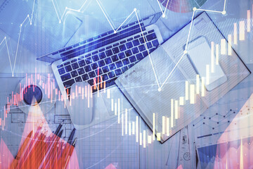 Poster - Multi exposure of forex chart drawing over table background with computer. Concept of financial research and analysis. Top view.