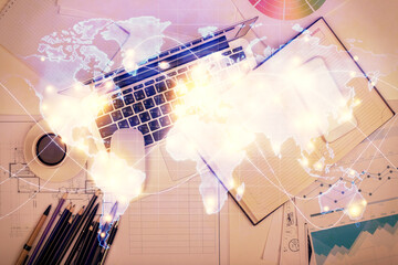 Aufkleber - Business theme hologram drawings over computer on the desktop background. Top view. Multi exposure. Concept of international connections.