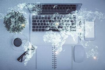 Poster - Social network hologram drawings over computer on the desktop background. Top view. Multi exposure. Concept of people connection.