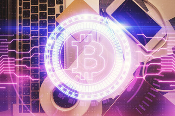 Poster - Blockchain theme hologram drawings over computer on the desktop background. Top view. Multi exposure. Concept of cryptoeconomy.