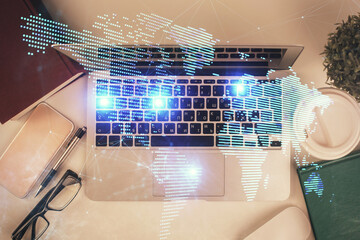 Aufkleber - Social network hologram drawings over computer on the desktop background. Top view. Double exposure.
