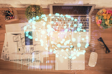 Poster - Double exposure of brain drawing hologram over topview work table background with computer. Concept of big data.