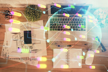 Poster - Double exposure of map hologram drawing over study table background with computer. Concept of international network. Top view.