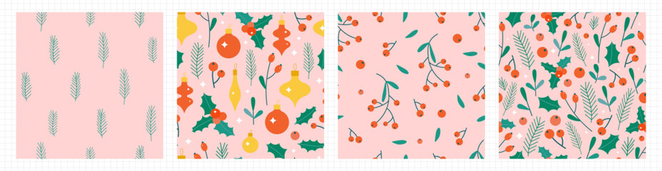 Christmas floral seamless pattern collection. Cute flat berry, fir, bauble and mistletoe backgrounds for wrapping paper and other Xmas design. Sparkling festive wallpapers for New Year celebration.