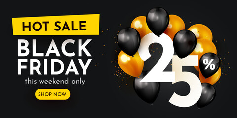 25 percent off. discount creative composition. black friday sale symbol with balloons and golden con