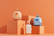 Concept travel or moving with animal, flight, safety. Plastic cage, pet carrier and suitcase on orange background