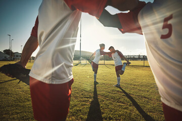 Wall Mural - Sports, soccer and team of friends stretching before a game of football for health, fitness or sports men warm up. Exercise, workout and start training with men group outdoor field for cardio workout