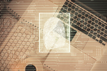 Aufkleber - Finger print over computer on the desktop background. Top view. Double exposure. Concept of securitization.