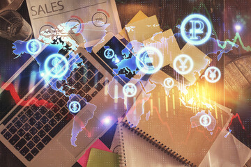 Poster - Financial market graph and top view computer on the desktop background. Multi exposure. Investment concept.