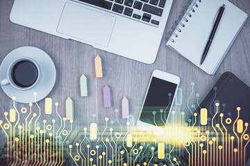 Poster - Double exposure of technology theme drawing over work table desktop. Top view. Global data analysis concept.