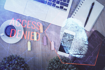 Poster - Double exposure of finger print over table with phone. Top view. Concept of mobile security.