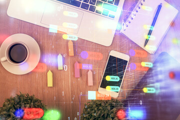 Poster - Double exposure of technology theme drawing over work table desktop. Top view. Global data analysis concept.