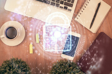 Poster - Double exposure of lock drawing over desktop. Top view. Security concept.